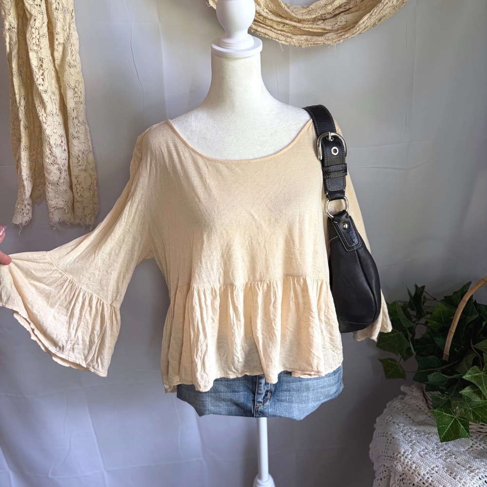 Free People Cream Linen Blend Peplum Babydoll Top Bell Sleeve Beige Small 0507